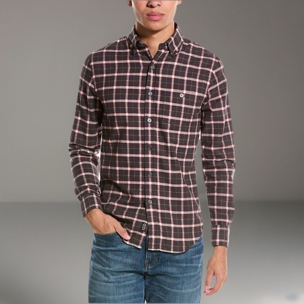 Todd Snyder Men’s Flannel Shirt Gray Red Plaid Cotton Button Down Long Sleeve XL